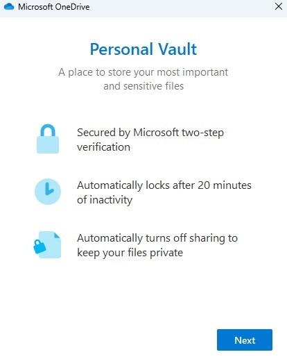 Windows Onedrive Personal Vault First Time Screen