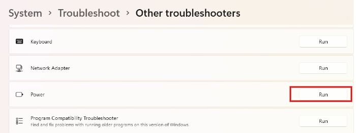 Windows Run Power Troubleshooter