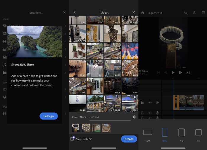 Adobe Rush app interface overview.