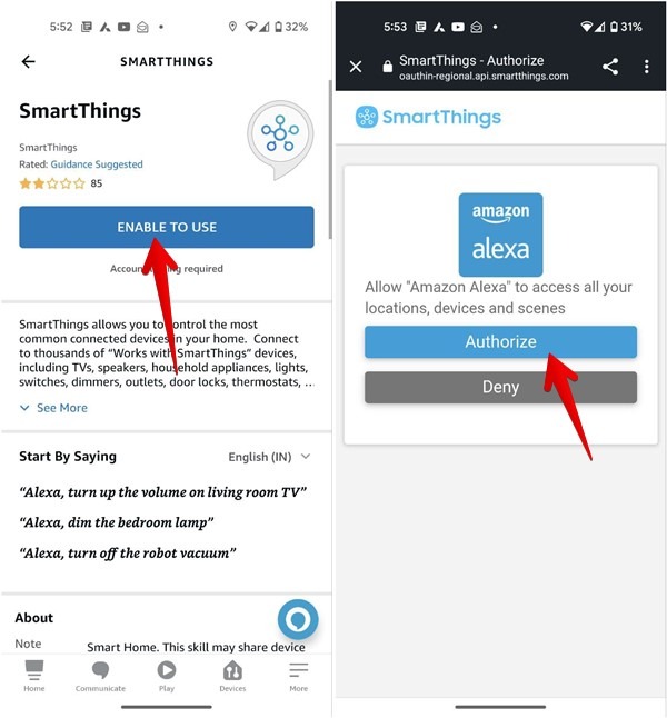 Alexa App Smart Home Skills Smartthings Authorize