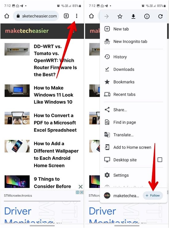 Chrome Mobile Feed Follow Website