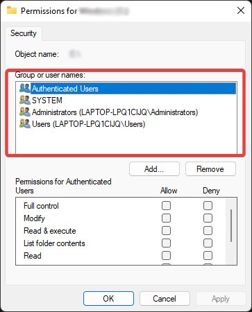 Drive Access Denid - Group Or User Name Tab In Properties