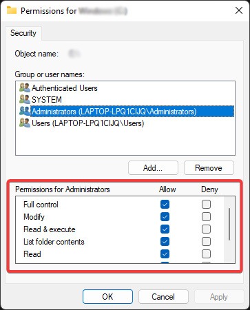 Drive Access Denid -Permission Section In Prperties