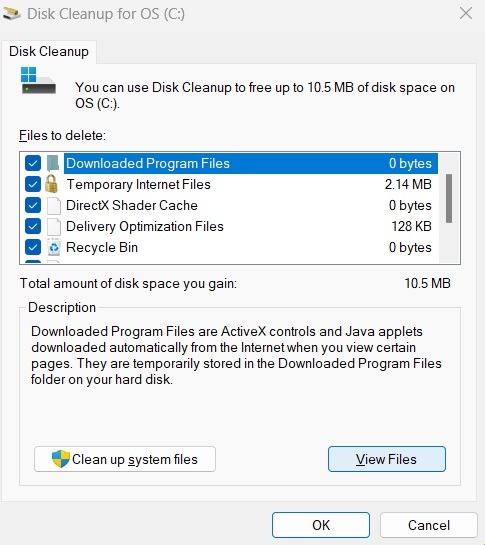 Not Enough Disk Space Windows Update Disk Cleanup View Files