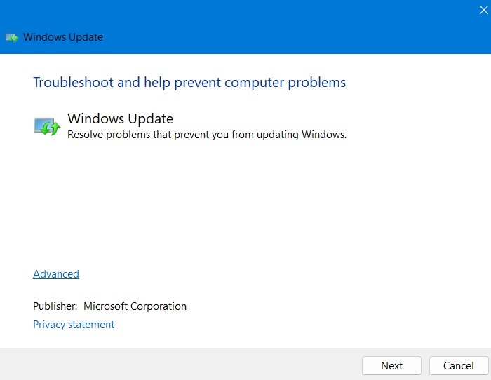 Not Enough Disk Space Windows Update Troubleshooter First Screen