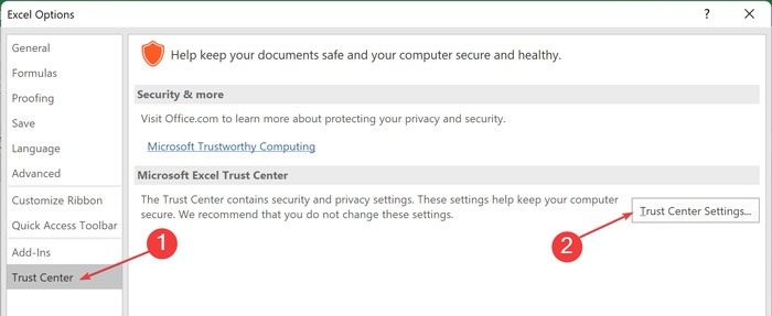 Not Enough Memory -Trust Center Settings