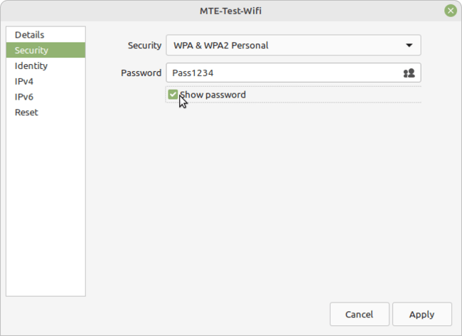 Wifi Security Settings showing saved password