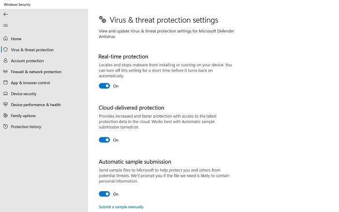 Enabling all options under "Virus & threat protection settings" in Windows Security. 