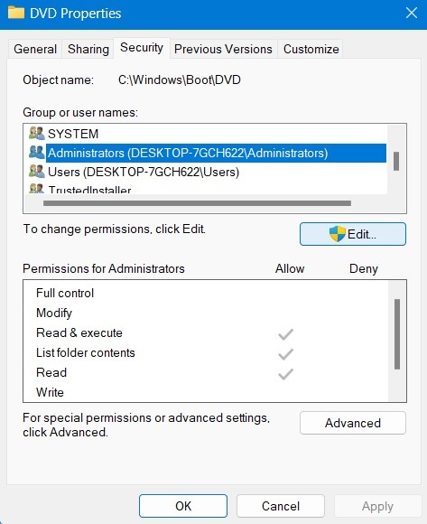 Clicking "Advanced" in Properties window.