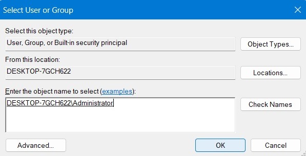 Clicking on user or group name in "Select User or Group" window.
