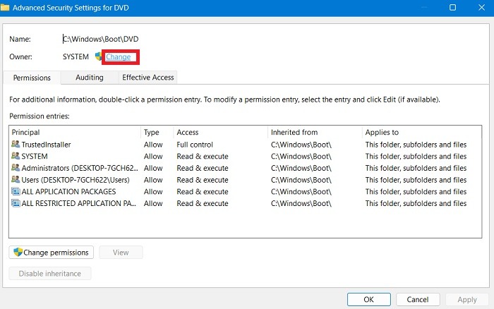 Clicking "Change" to change folder owner.