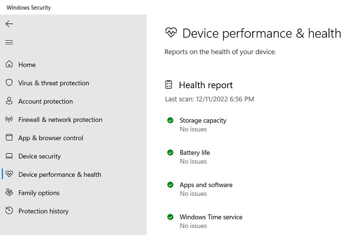 "Device performance & health" stats view in Windows Security.