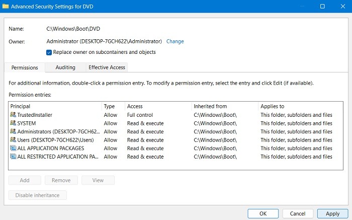 Advanced Security Settings window view.
