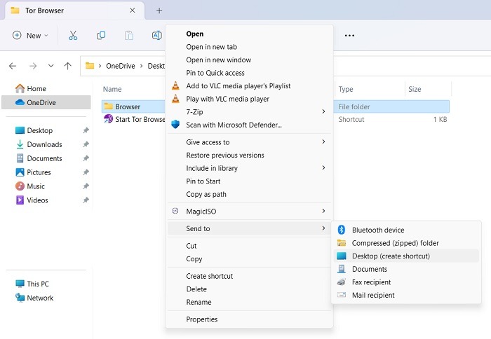 Creating a program shortcut for desktop via File Explorer.