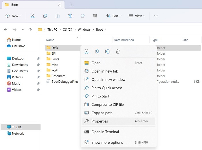 Right-clicking on folder to bring up a context menu with Properties option.