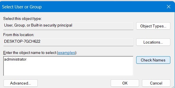 Searching for "administrator" object name.