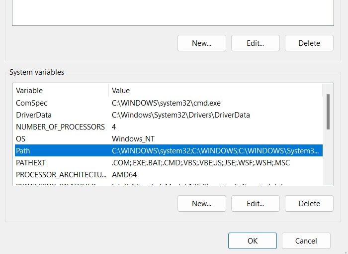 Selecting "Path" entry under "System variables" in Environment Variables.