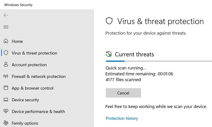 Performing a scan via Windows Security app. 