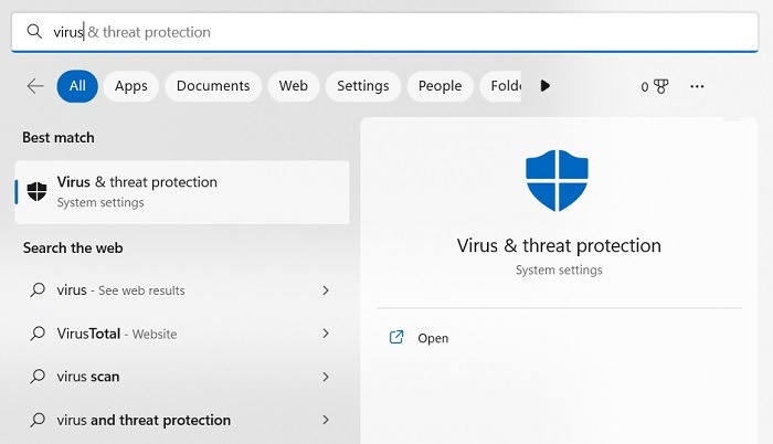 Typing "virus & threat protection" in Windows Search. 