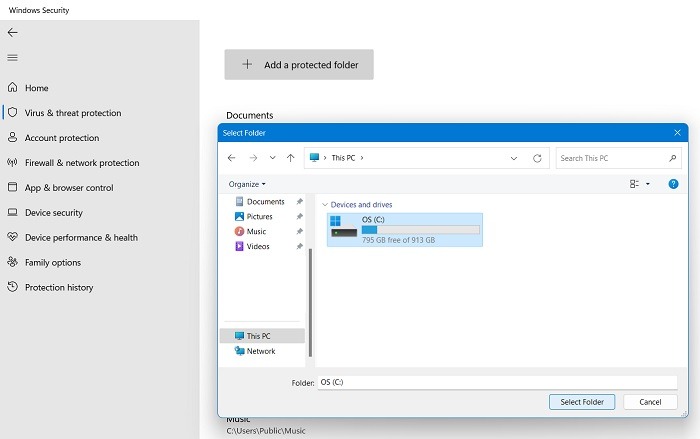 Adding a protected folder via Windows Security.