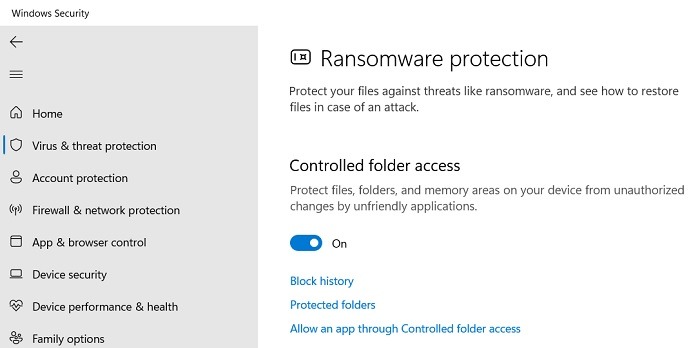 Enabling "Controlled folder access" option in Windows Security. 