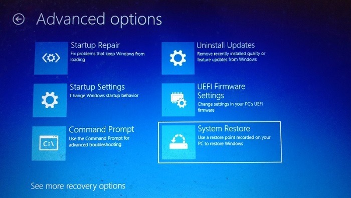 System Restore Advanced Startup Screen View