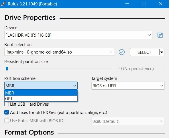 Use Rufus Create Bootable Usb Select Mbr Partition Scheme