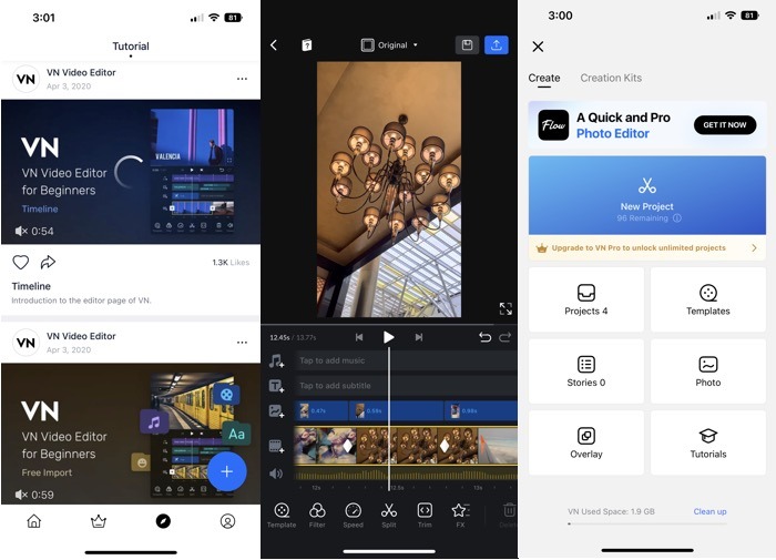 Vn Video Editor Maker Vlognow app  interface overview.