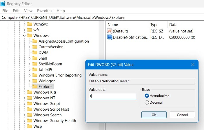 Windows Registry Hacks Disable Notification Center Value Set
