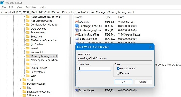 Windows Registry Hacks Memory Management Clearpagefileatshutdown