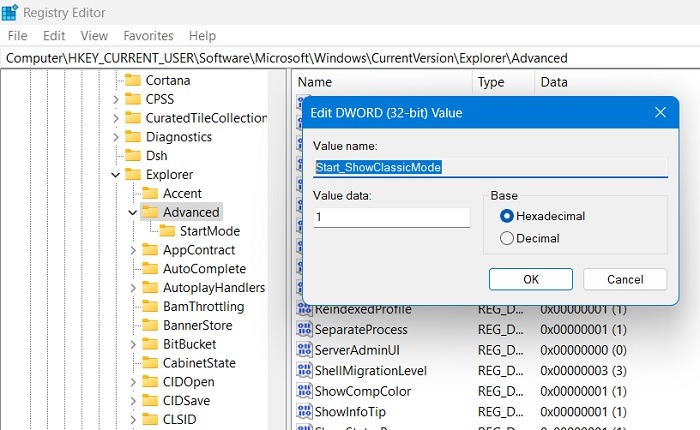 Windows Registry Hacks Start Show Classic Mode