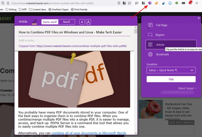 Capture Article Onenote Clipper