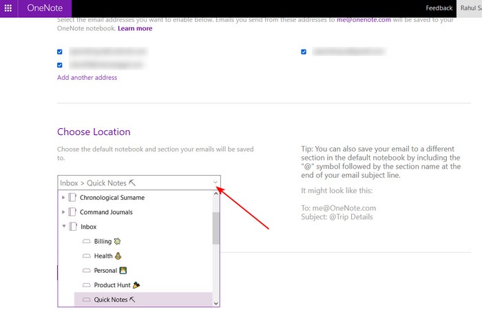 Choose The Location For Your Emailed Notes