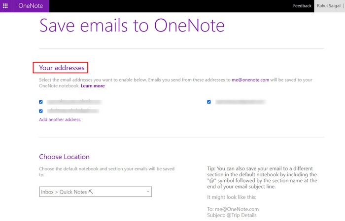 Choose Your Email Addesses To Use With Email To Onenote Service