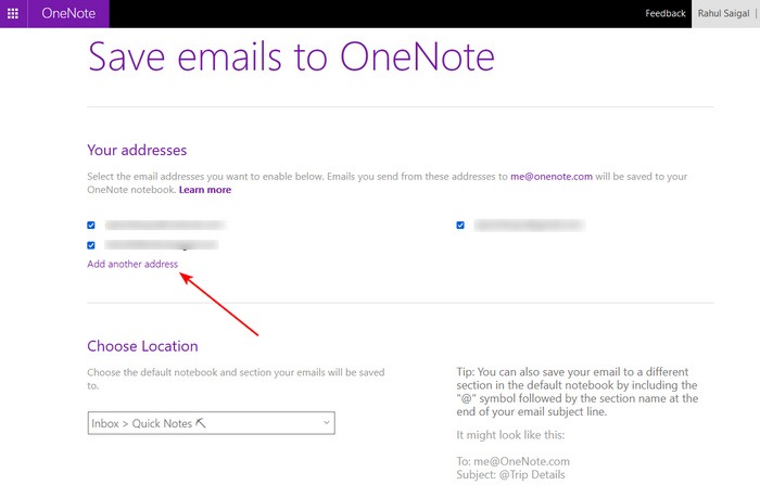 Click Add Another Address To Use Email To Onenote Service