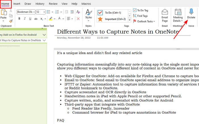 Click The Dictate Button Onenote Windows10