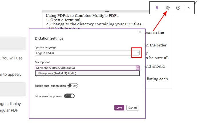 Configure Dictation Settings Onenote Desktop