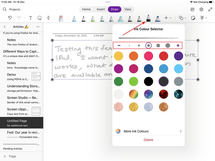 Configure The Pen Color And Thickness Onenote For Ipad
