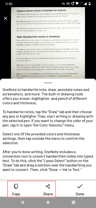 Copy Or Share Extracted Text To Onenote