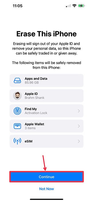 Erase Iphone Continue Button