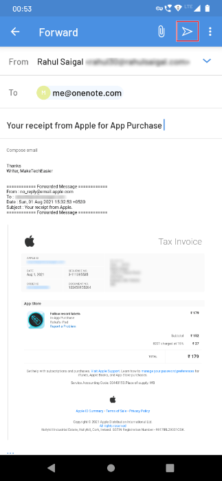 Forward Receipt To Onenote