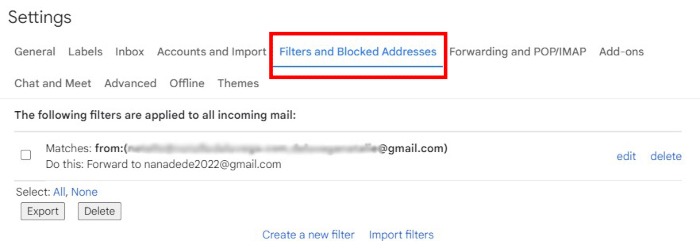 Gmail Web Settings Filters And Blocked Addresses