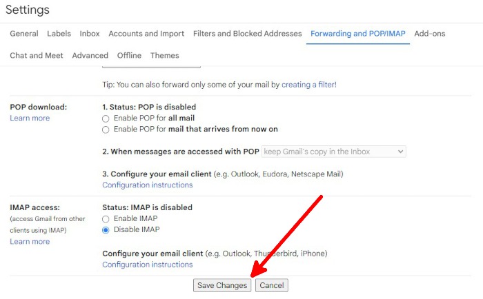 Gmail Web Settings Forwarding Disable Save