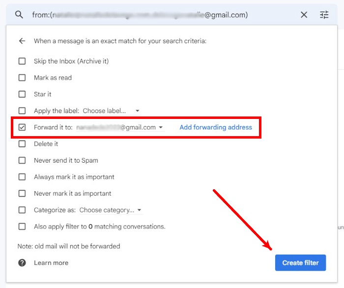 Gmail Web Settings Forwarding Filters Actions