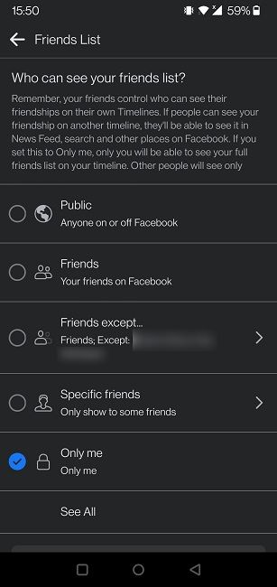 Hide Facebook Friends List Mobile Options