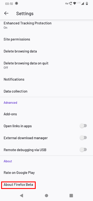 Tap About Firefox Beta