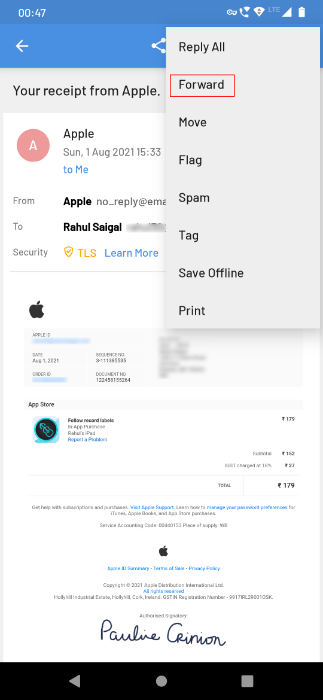 Tap Forward For Any Email Message