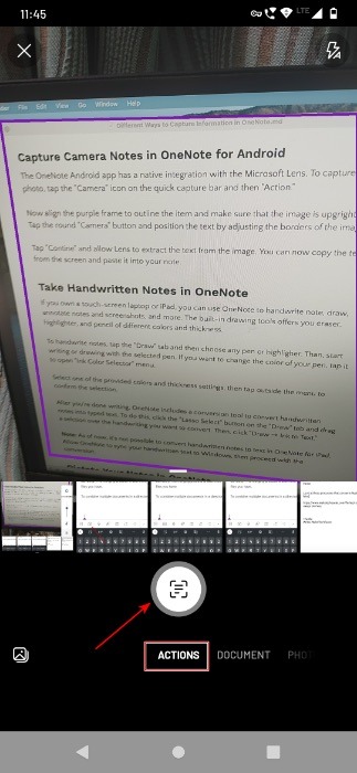Tap The Camera Button To Extract Text Into Onenote
