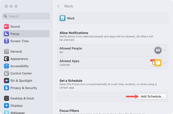 Add Schedule for a Focus on Mac