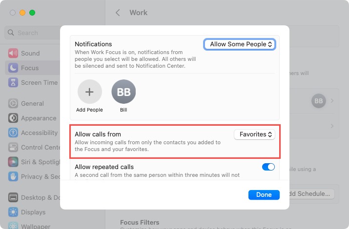 Allow Calls From toggle for a Focus on Mac